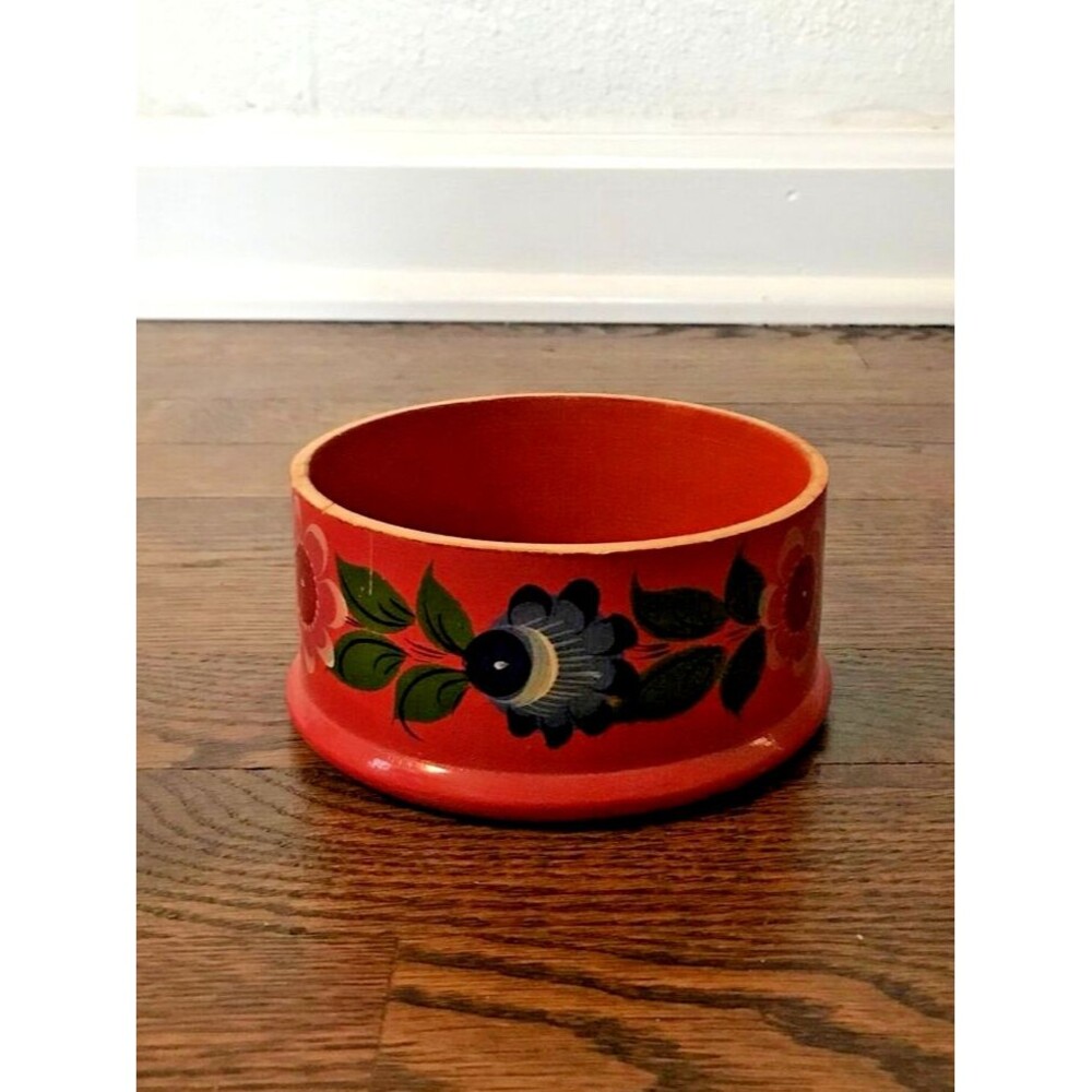 vtg 70s boho wooden jewelry bowl hand painted‎ orange floral home decor gift